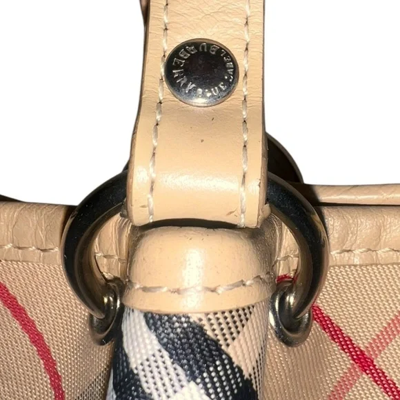 Burberry Nova Check Canvas Leather Tote Tan Black Red Traditional Plaid Pleated - Picture 13 of 16